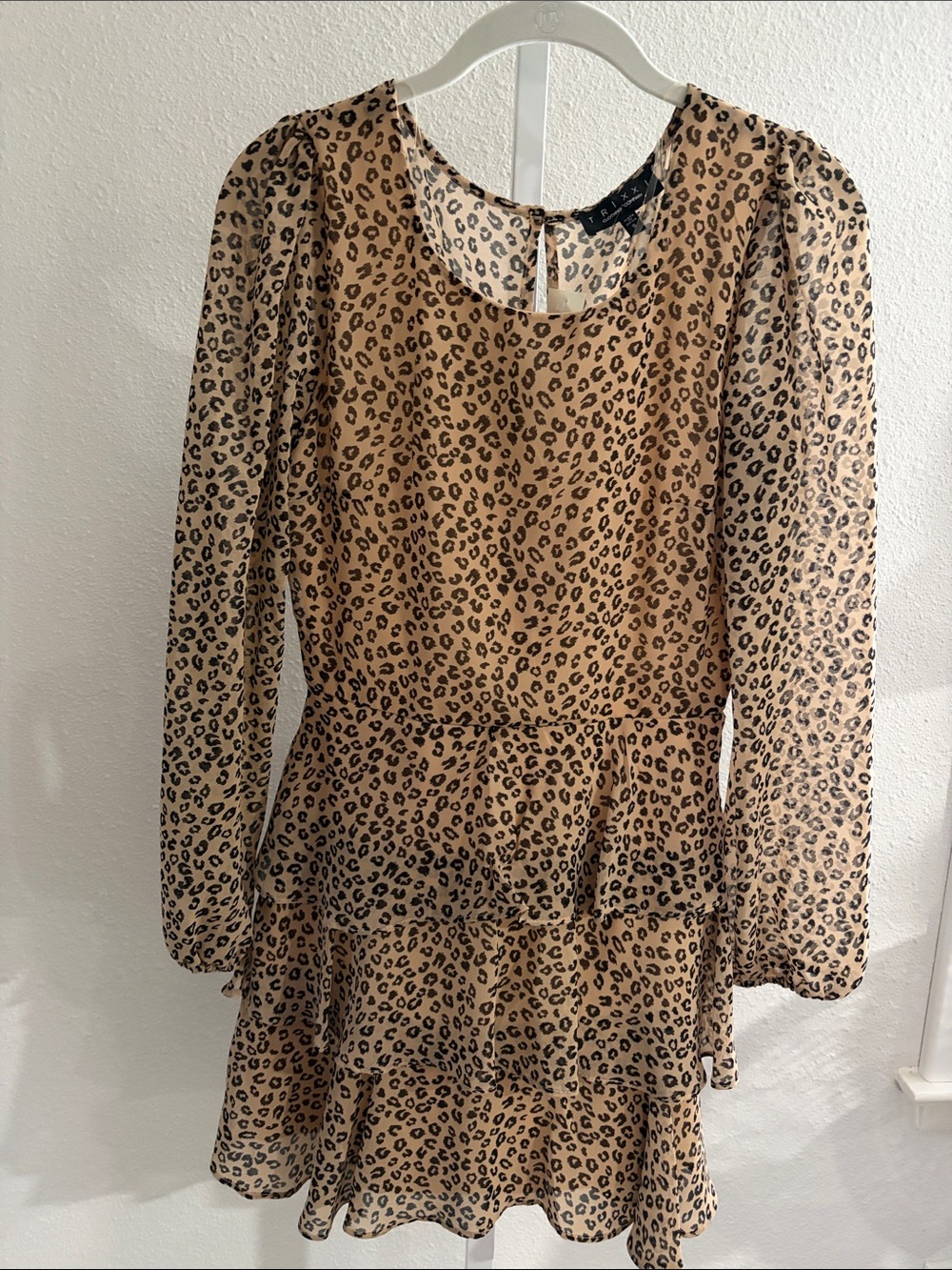 Trixxi Beige and Black Leopard Print Long-Sleeve Tiered Dress